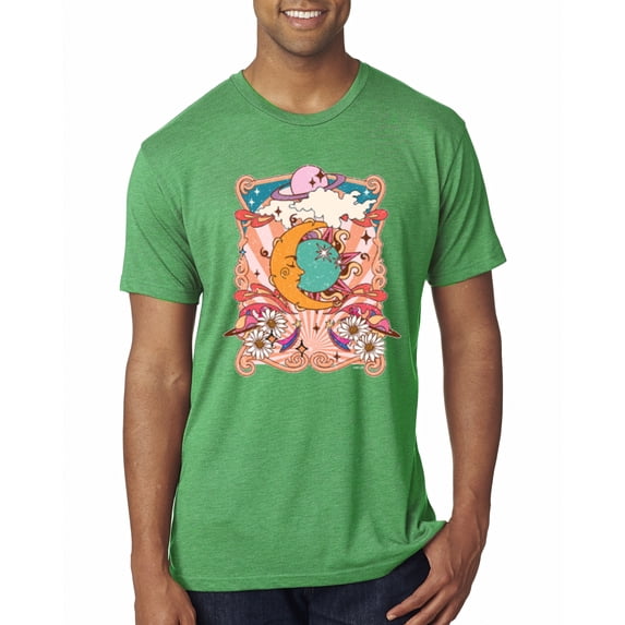 Wild Bobby Sun and Moon Groovy Vintage Daisy Flowers Stars Vintage Men Premium Tri Blend Tee, Envy, Small