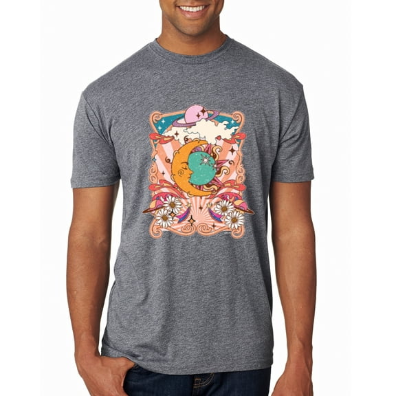 Wild Bobby Sun and Moon Groovy Vintage Daisy Flowers Stars Vintage Men Premium Tri Blend Tee, Premium Heather, X-Large