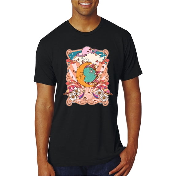 Wild Bobby Sun and Moon Groovy Vintage Daisy Flowers Stars Vintage Men Premium Tri Blend Tee, True Black, Small