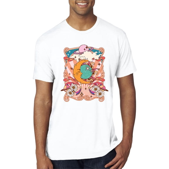 Wild Bobby Sun and Moon Groovy Vintage Daisy Flowers Stars Vintage Men Premium Tri Blend Tee, True White, Small