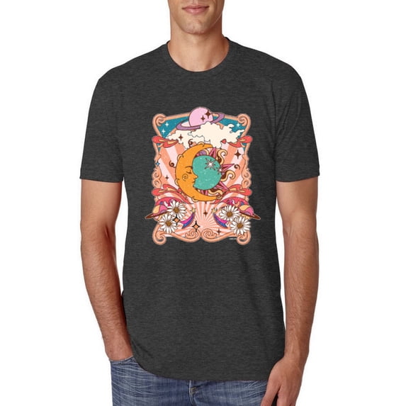 Wild Bobby Sun and Moon Groovy Vintage Daisy Flowers Stars Vintage Men Premium Tri Blend Tee, Vintage Black, Small