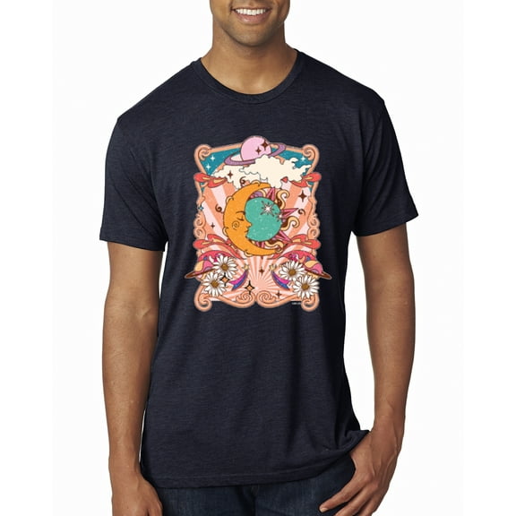 Wild Bobby Sun and Moon Groovy Vintage Daisy Flowers Stars Vintage Men Premium Tri Blend Tee, Vintage Navy, Medium