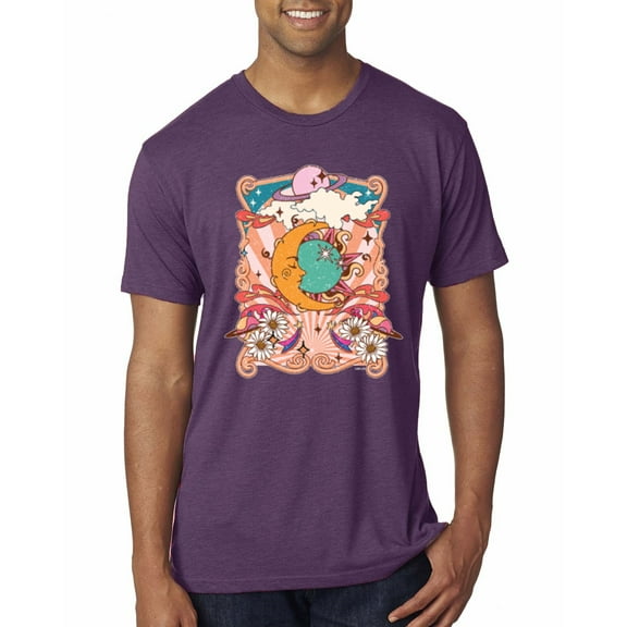 Wild Bobby Sun and Moon Groovy Vintage Daisy Flowers Stars Vintage Men Premium Tri Blend Tee, Vintage Purple, Small