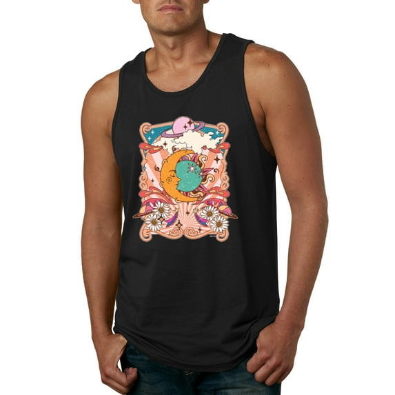 Wild Bobby Sun and Moon Groovy Vintage Daisy Flowers Stars Vintage Men Tank Top, Black, Small