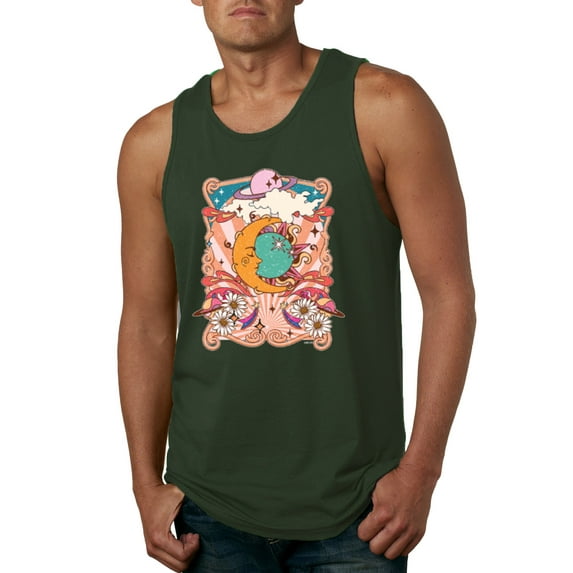 Wild Bobby Sun and Moon Groovy Vintage Daisy Flowers Stars Vintage Men Tank Top, Forest Green, 3X-Large