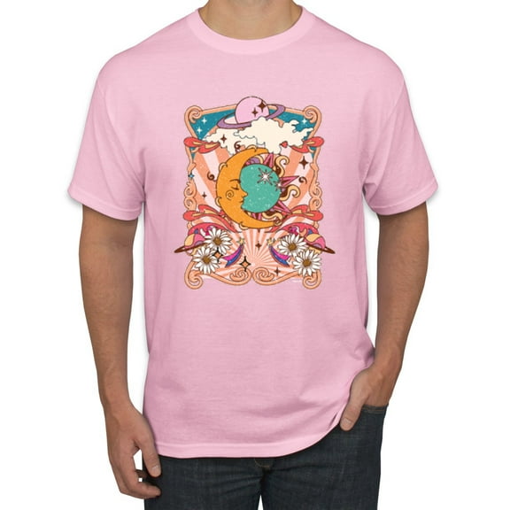 Wild Bobby Sun and Moon Groovy Vintage Daisy Flowers Stars Vintage Men Tee, Light Pink, Medium