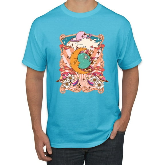 Wild Bobby Sun and Moon Groovy Vintage Daisy Flowers Stars Vintage Men Tee, Light Turquoise, X-Large