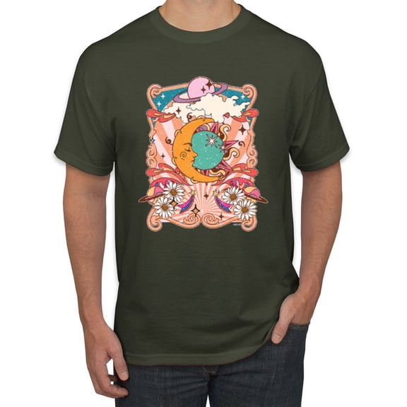 Wild Bobby Sun and Moon Groovy Vintage Daisy Flowers Stars Vintage Men Tee, Military Green, Small