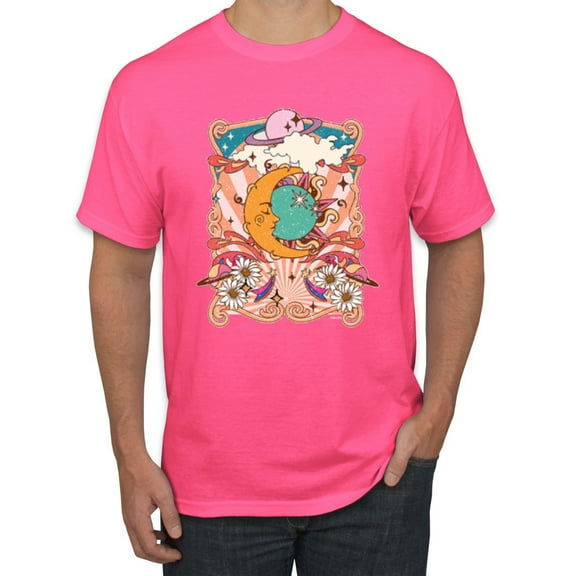 Wild Bobby Sun and Moon Groovy Vintage Daisy Flowers Stars Vintage Men Tee, Neon Pink, Medium