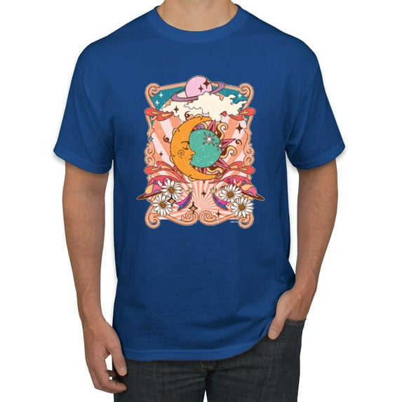 Wild Bobby Sun and Moon Groovy Vintage Daisy Flowers Stars Vintage Men Tee, Royal, X-Large