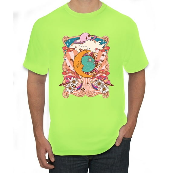 Wild Bobby Sun and Moon Groovy Vintage Daisy Flowers Stars Vintage Men Tee, Safety Green, X-Large