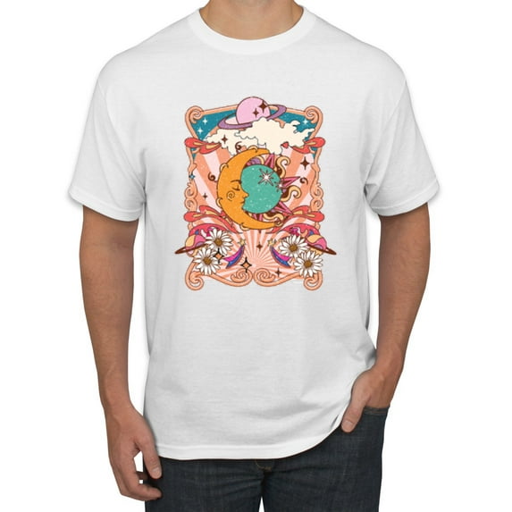 Wild Bobby Sun and Moon Groovy Vintage Daisy Flowers Stars Vintage Men Tee, White, Large