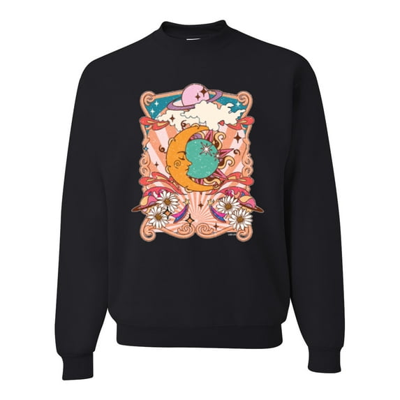 Wild Bobby Sun and Moon Groovy Vintage Daisy Flowers Stars Vintage Unisex Crewneck Sweatshirt, Black, Small