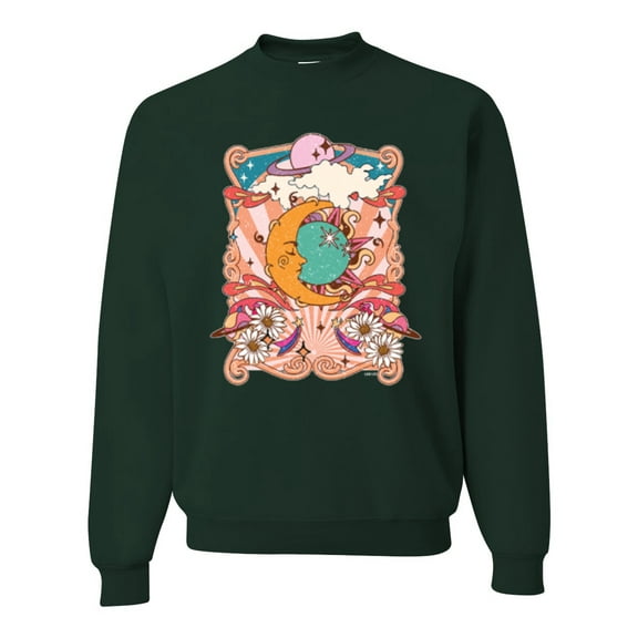 Wild Bobby Sun and Moon Groovy Vintage Daisy Flowers Stars Vintage Unisex Crewneck Sweatshirt, Forest Green, X-Large