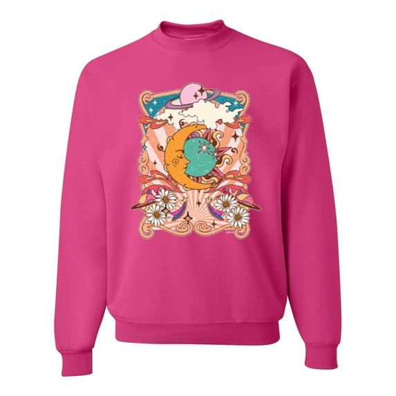 Wild Bobby Sun and Moon Groovy Vintage Daisy Flowers Stars Vintage Unisex Crewneck Sweatshirt, Fuschia, X-Large