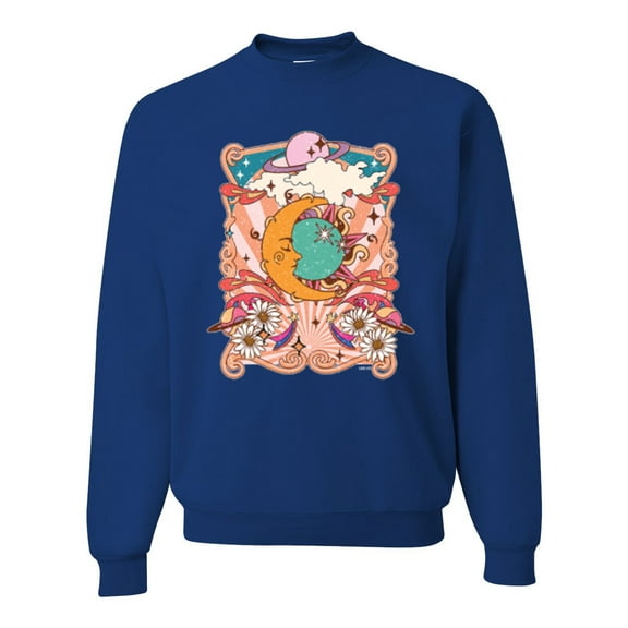 Wild Bobby Sun and Moon Groovy Vintage Daisy Flowers Stars Vintage Unisex Crewneck Sweatshirt, Royal, X-Large