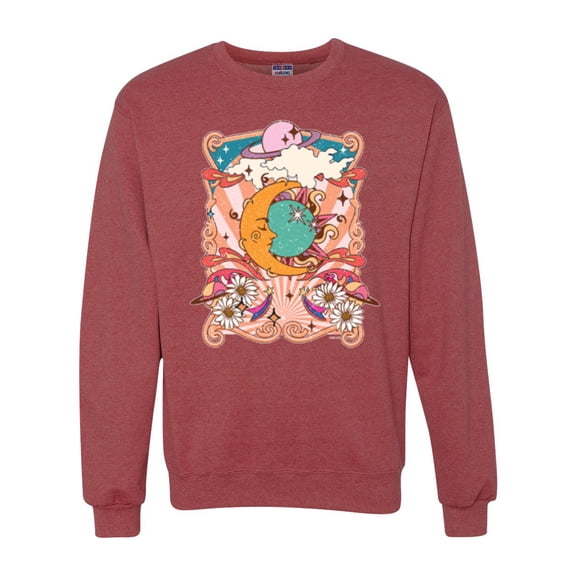 Wild Bobby Sun and Moon Groovy Vintage Daisy Flowers Stars Vintage Unisex Crewneck Sweatshirt, Vintage Heather Red, Small
