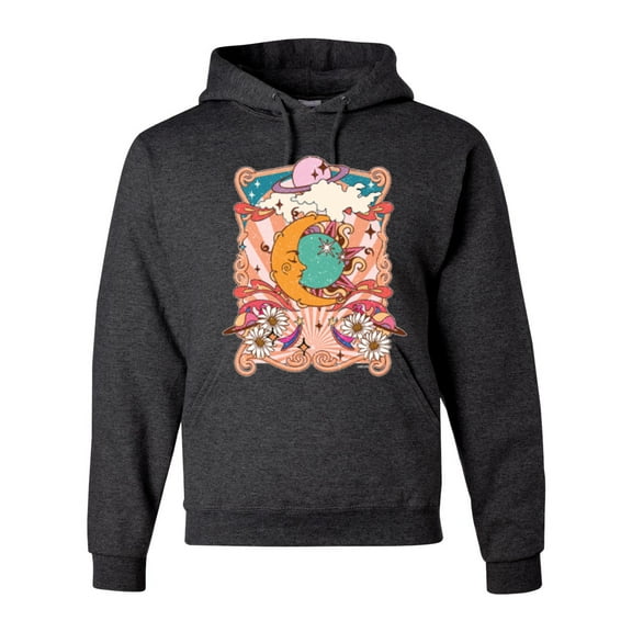 Wild Bobby Sun and Moon Groovy Vintage Daisy Flowers Stars Vintage Unisex Hoodie Sweatshirt, Heather Black, X-Large