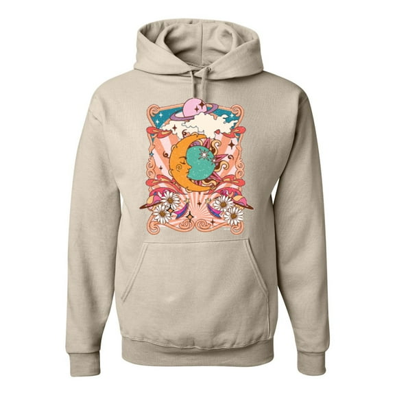 Wild Bobby Sun and Moon Groovy Vintage Daisy Flowers Stars Vintage Unisex Hoodie Sweatshirt, Sandstone, X-Large