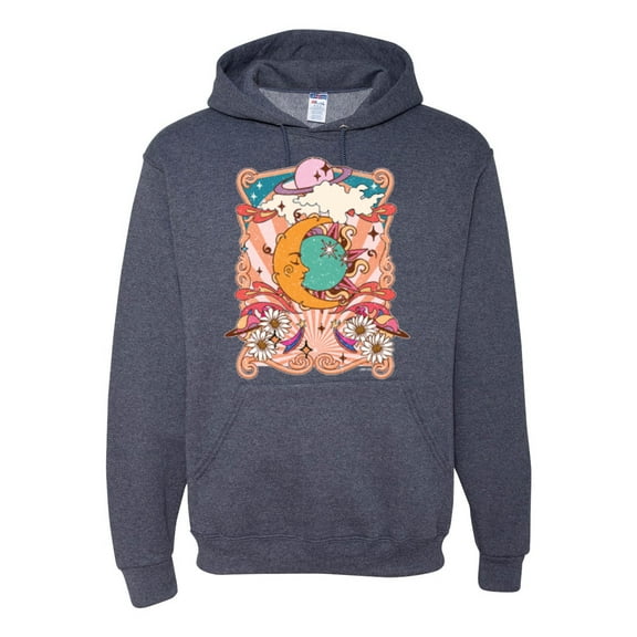 Wild Bobby Sun and Moon Groovy Vintage Daisy Flowers Stars Vintage Unisex Hoodie Sweatshirt, Vintage Heather Navy, 3X-Large