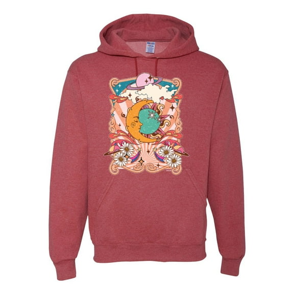 Wild Bobby Sun and Moon Groovy Vintage Daisy Flowers Stars Vintage Unisex Hoodie Sweatshirt, Vintage Heather Red, XX-Large