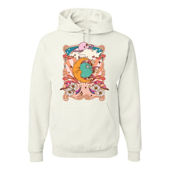 Wild Bobby Sun and Moon Groovy Vintage Daisy Flowers Stars Vintage Unisex Hoodie Sweatshirt, White, X-Large