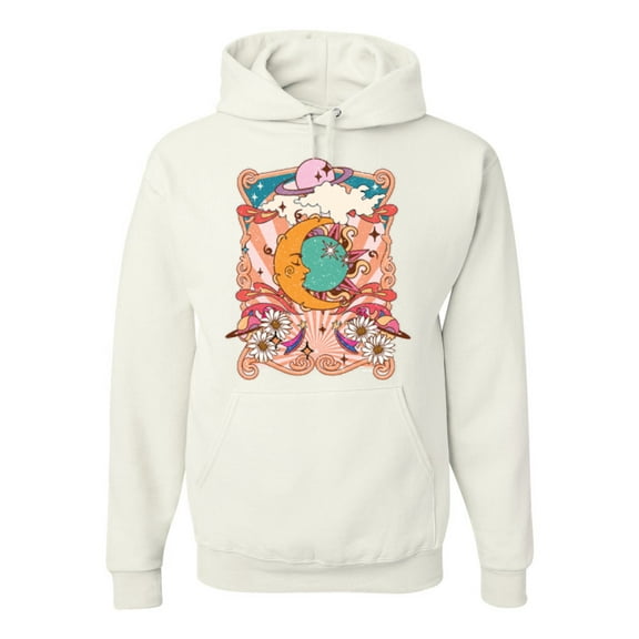 Wild Bobby Sun and Moon Groovy Vintage Daisy Flowers Stars Vintage Unisex Hoodie Sweatshirt, White, XX-Large