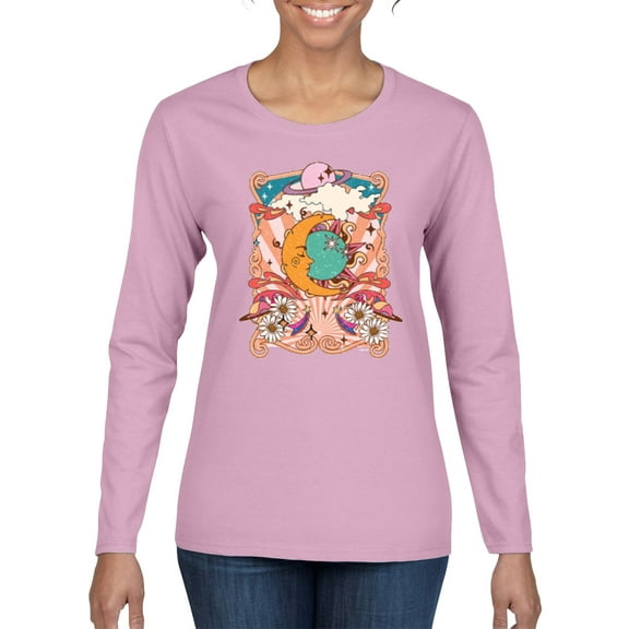 Wild Bobby Sun and Moon Groovy Vintage Daisy Flowers Stars Vintage Women Graphic Long Sleeve Tee, Light Pink, Medium