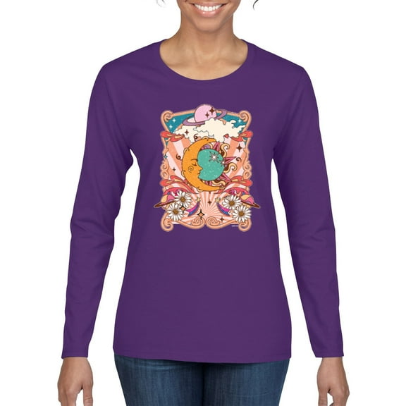 Wild Bobby Sun and Moon Groovy Vintage Daisy Flowers Stars Vintage Women Graphic Long Sleeve Tee, Purple, Medium