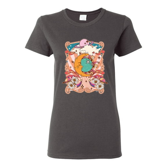 Wild Bobby Sun and Moon Groovy Vintage Daisy Flowers Stars Vintage Women Graphic Tee, Charcoal, Large