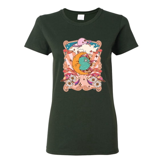 Wild Bobby Sun and Moon Groovy Vintage Daisy Flowers Stars Vintage Women Graphic Tee, Forest Green, 3X-Large