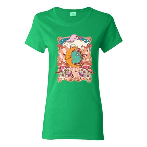 Wild Bobby Sun and Moon Groovy Vintage Daisy Flowers Stars Vintage Women Graphic Tee, Kelly, Small