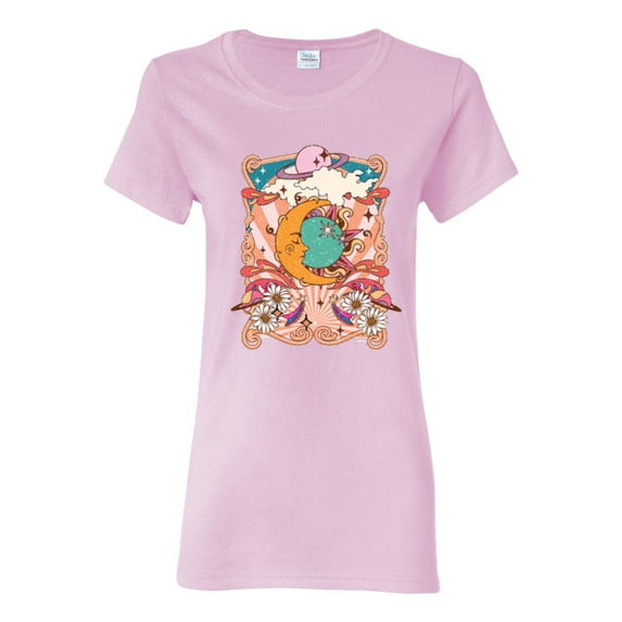 Wild Bobby Sun and Moon Groovy Vintage Daisy Flowers Stars Vintage Women Graphic Tee, Light Pink, 3X-Large