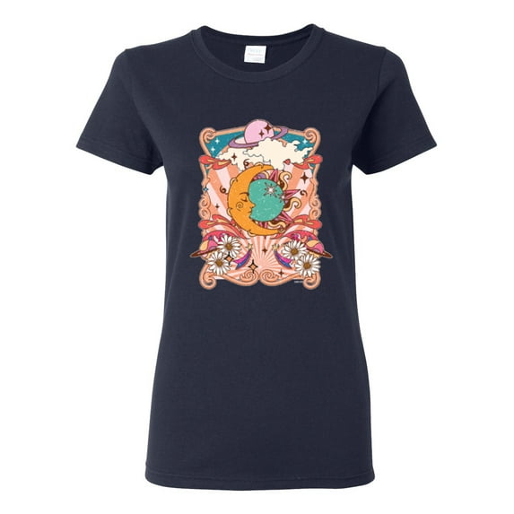 Wild Bobby Sun and Moon Groovy Vintage Daisy Flowers Stars Vintage Women Graphic Tee, Navy, XX-Large