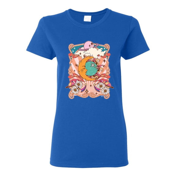 Wild Bobby Sun and Moon Groovy Vintage Daisy Flowers Stars Vintage Women Graphic Tee, Royal, Medium