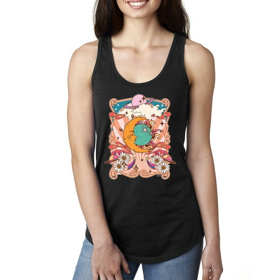 Wild Bobby Sun and Moon Groovy Vintage Daisy Flowers Stars Vintage Women Racerback Tank Top, Black, Small