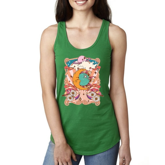 Wild Bobby Sun and Moon Groovy Vintage Daisy Flowers Stars Vintage Women Racerback Tank Top, Kelly, Medium