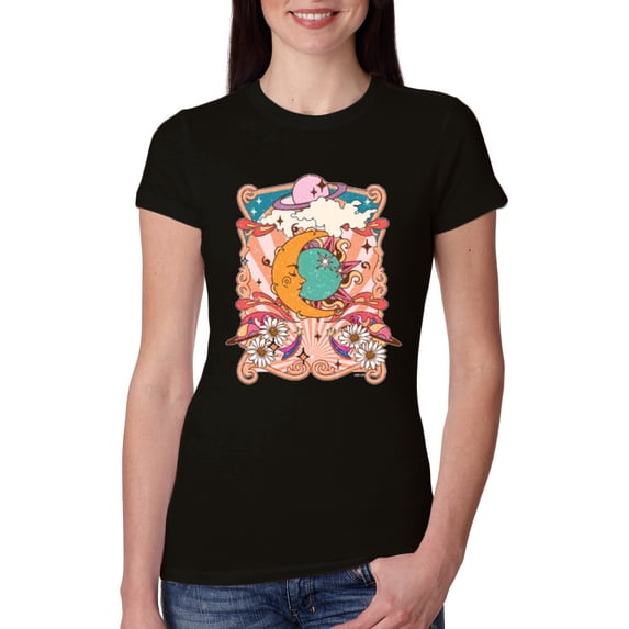 Wild Bobby Sun and Moon Groovy Vintage Daisy Flowers Stars Vintage Women Slim Fit Junior Tee, Black, XX-Large