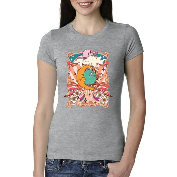 Wild Bobby Sun and Moon Groovy Vintage Daisy Flowers Stars Vintage Women Slim Fit Junior Tee, Heather Grey, XX-Large