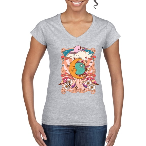 Wild Bobby Sun and Moon Groovy Vintage Daisy Flowers Stars Vintage Women Standard V-Neck Tee, Heather Grey, X-Large