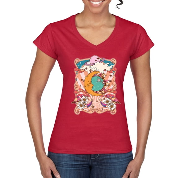 Wild Bobby Sun and Moon Groovy Vintage Daisy Flowers Stars Vintage Women Standard V-Neck Tee, Red, Small