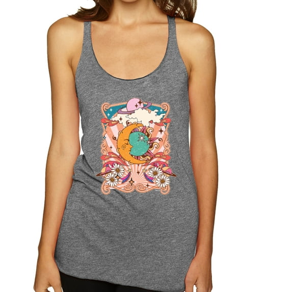 Wild Bobby Sun and Moon Groovy Vintage Daisy Flowers Stars Vintage Women Tri-Blend Racerback Tank Top, Premium Heather, Medium
