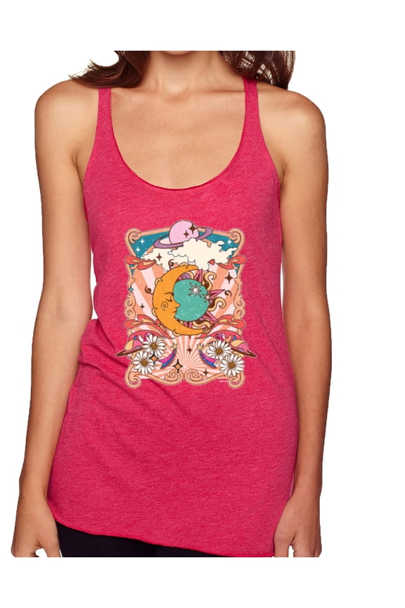 Sun and Moon Groovy Vintage Daisy Flowers Stars Vintage Women Tri-Blend Racerback Tank Top, Shocking Pink, Medium