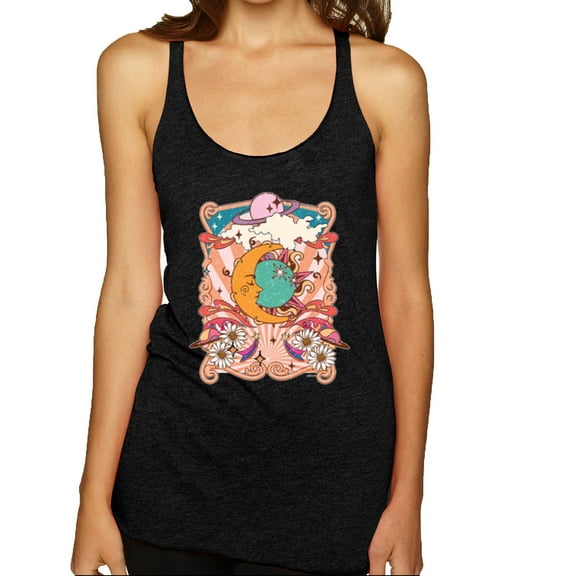 Wild Bobby Sun and Moon Groovy Vintage Daisy Flowers Stars Vintage Women Tri-Blend Racerback Tank Top, Vintage Black, Small