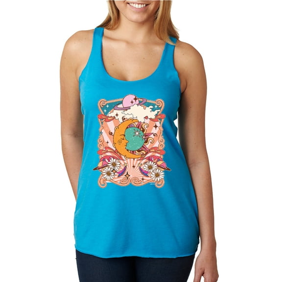 Wild Bobby Sun and Moon Groovy Vintage Daisy Flowers Stars Vintage Women Tri-Blend Racerback Tank Top, Vintage Turquoise, Large