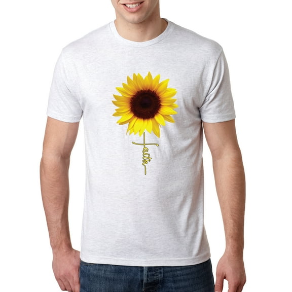 Wild Bobby, Sunflower Christian Faith Cross Inspirational/Christian Mens Premium Tri Blend T-Shirt, Heather White, Large