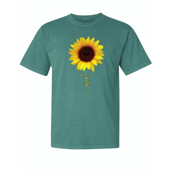 Wild Bobby,Sunflower Christian Faith Cross, Streetwear, Garment-Dyed Washed Look Short Sleeve T-Shirt, Emerald, X-Large