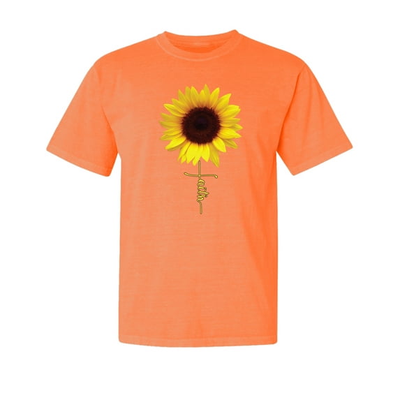 Wild Bobby,Sunflower Christian Faith Cross, Streetwear, Garment-Dyed Washed Look Short Sleeve T-Shirt, Neon Orange, X-Large