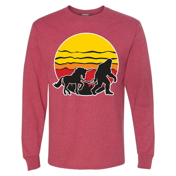 Wild Bobby Sunset Silhoutte Unicorn and Sasquatch Men Long Sleeve Shirt