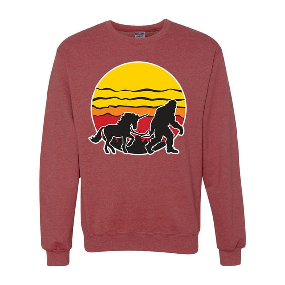 Wild Bobby Sunset Silhoutte Unicorn and Sasquatch Unisex Crewneck Sweatshirt